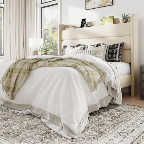 Image of Allewie Full Size Upholstered Bed Frame with Charging Station, Cream