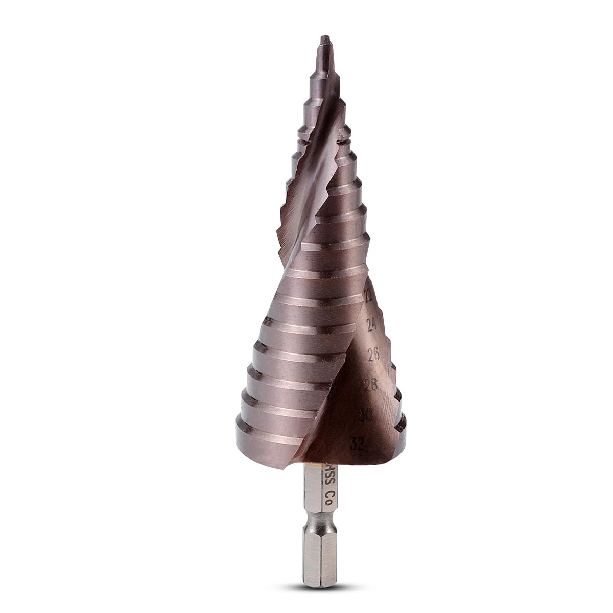 Broca Espiral Escalonada[4-32mm, 15 Pasos], HSS co M35 Recubierto de Titanio, 1/4'' Mango Hexagonal, Perforación de Acero Inoxidable, Metal Duro, Plásticos, Madera, Hierro Fundido, Aluminio