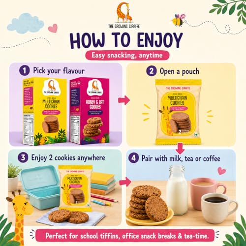 Image of The Growing Giraffe Honey & Oat and Multigrain Cookie Combo- Whole Grain, No Refined Sugar, No Maida, No palm oil, Nut-Free, Healthy Biscuits with jaggery and butter for Kids & Grown-Up Adults - Pack of 2