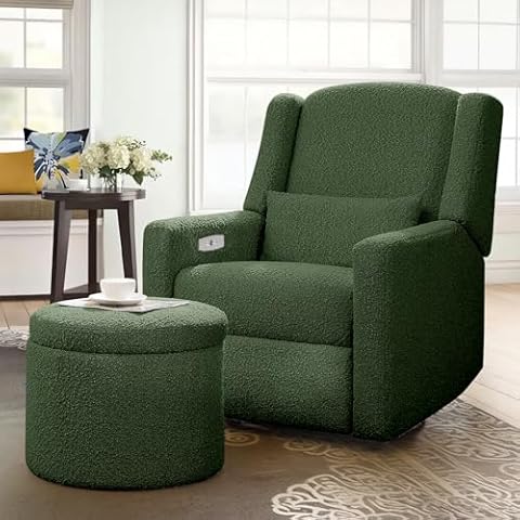 SENYUN Power Recliner Chair Swivel Glider, Large Rocker Recliner with Ottoman & USB Charging Port, Boucle Upholstered Swivel Rocker Glider Recliner for Nursery,Bedroom,Living Room, Green Cover