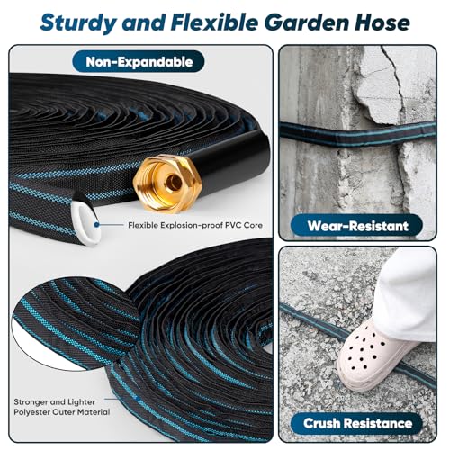 Image of Garden Hose 100ft Lightweight, Non-Expanding, Leak-Proof Metal Connector, No-Knot No-Tangle Easy to Store and Carry Wear-Resistant 3 /4GHT Flexible Water Hose for Yard Outdoor (Black Lake Blue)