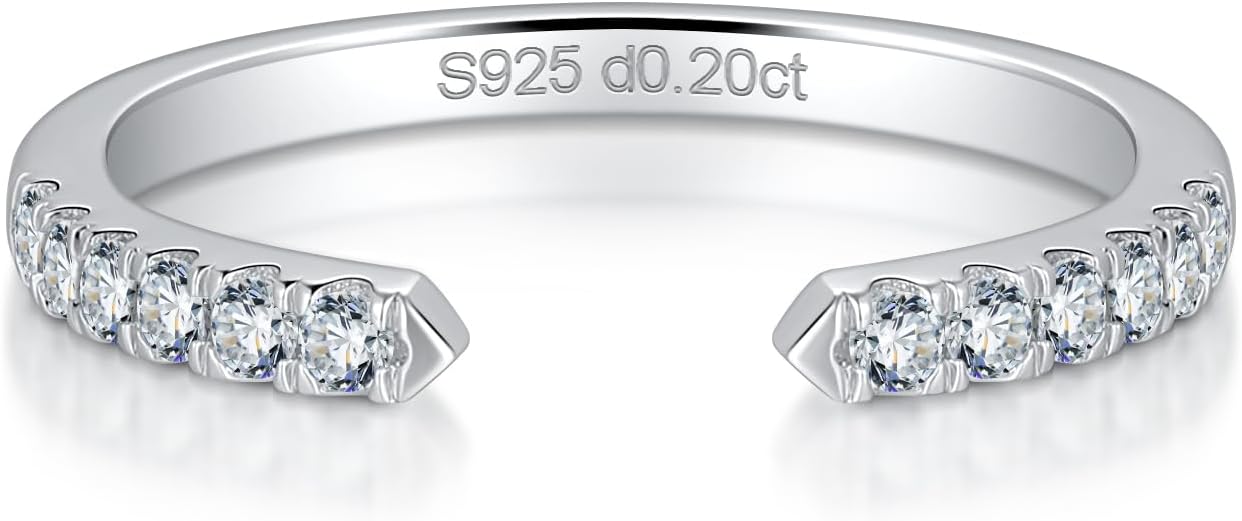 Ladylike Moissanite Open Rings for Women Half Eternity Wedding Band S925 Sterling Silver Adjustable Dainty Stackable Engagement Ring Anniversary Band for Her