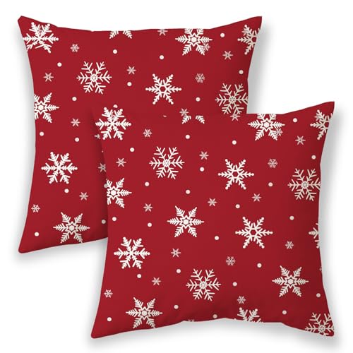 Christmas Pillow Covers 16x16,Red White Snowflake Outdoor Decorative Throw Pillows for Couch,Winter Xmas Decor Cushion Cover 2 Pcs Farmhouse Pillowcase for Bed Safa