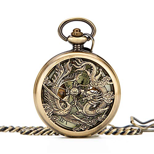 Mens Mechanical Pocket Watch Phoenix & Dragon Hollow Case Skeleton Dial with Chain + Box (Bronze)