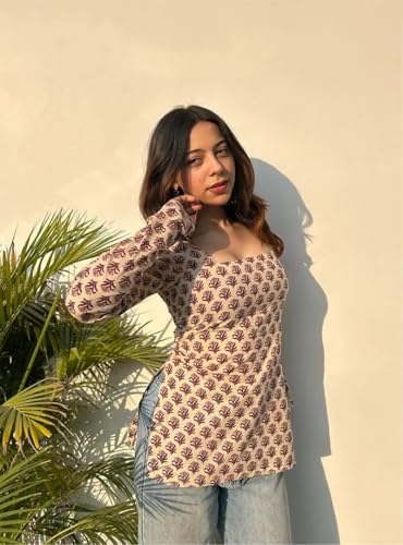 Image of ANNI Designer Short Kurti for Women Printed Design | Square Neck Full Sleeve Kurti Tops for Women | Stylish Kurtis & Short Kurtis for Woman | Casual Kurti with Jeans | Kurtas for Woman