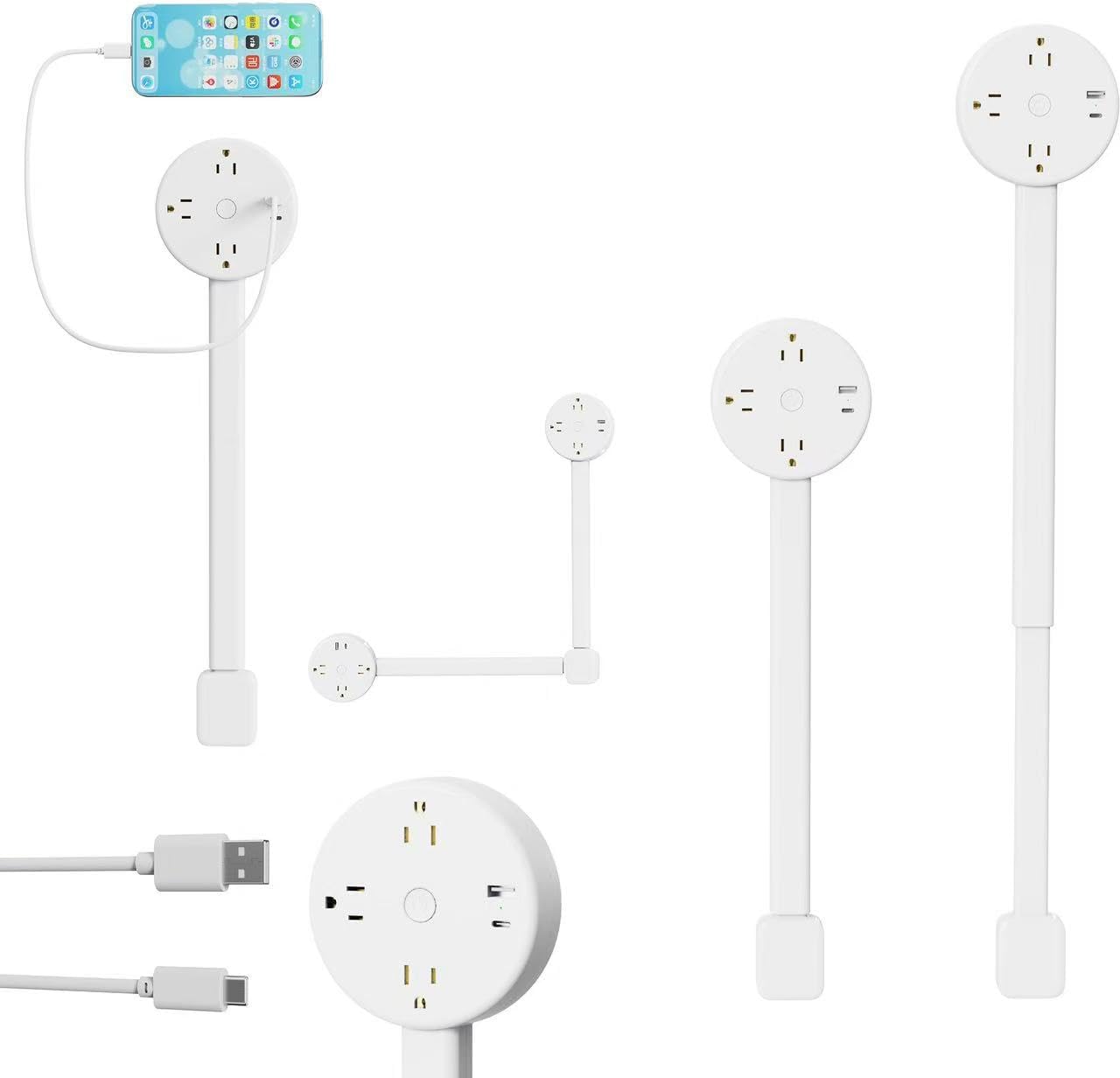 Electrical Outlet Extender Features USB-A, USB-C, 3 AC Electrical Outlet Extender Stick for Hard to Reach Spaces Extends 22"-27", Rotates 180°. Use Behind Couches, Nightstands, Desks, and More