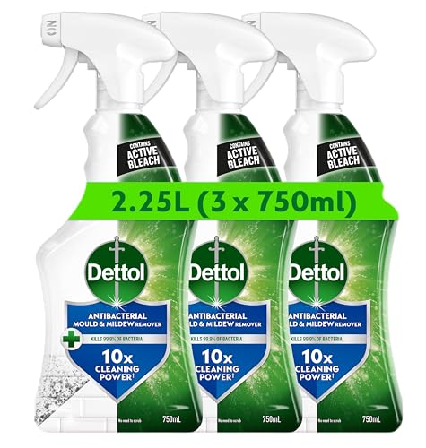 Dettol Mould and Mildew Remover Multipack of 3 X 750ml Total 2.25L Mould Spray Bleach Spray Bathroom Cleaner Antibacterial Disinfectant Household Cleaners