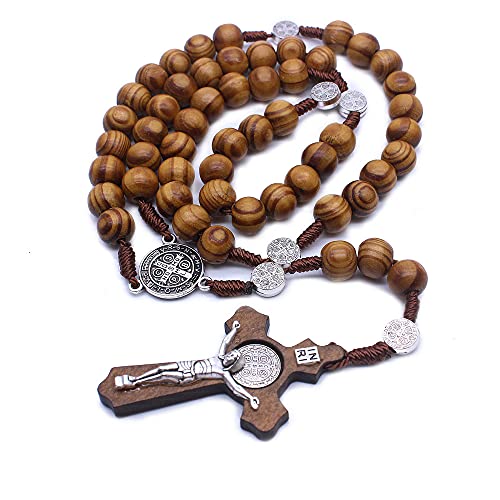 Faith & Gospel Wooden Rosary Beads Necklace Wood Saint Benedict Medal & Catholic Cross Religious Prayer Chaplet Handmade2