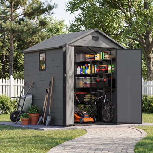 Image of Greesum 6x6FT Plastic Outdoor Storage Shed with Floor, Resin Sheds with Lockable Double Door, Tool Sheds with Window and Vents, for Backyard, Garden, Patio, Dark Gray