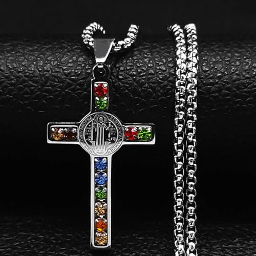 St. Benedict Exorcism Cross Necklace 12 Tribes of Israel & Holy City Jerusalem Gemstones, Gold & Silver Plated Titanium Steel Religious Protection Jewelry2