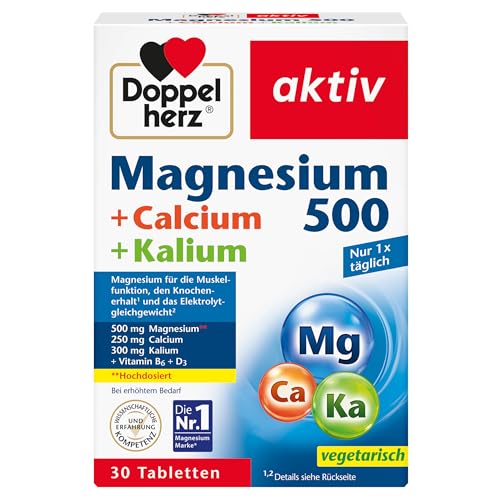 Doppelherz Magnesium 500 + Calcium + Kalium - Hochdosiertes Magnesium als Beitrag für die normale Muskelfunktion und das Elektrolytgleichgewicht - 30 Tabletten