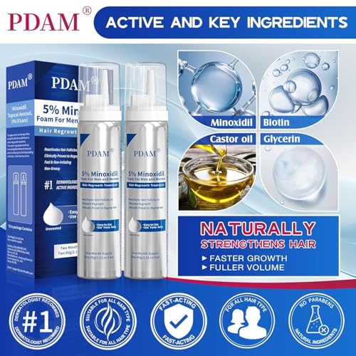 Image of PDAM 5% Minoxidil for Men and Women Foam - Clinically Proven to Regrow Thinning Hair, Topical Hair Loss Treatment, Maximum Strength Foam for Thicker & Fuller Hair, 2 Month Supply (2 x 2.11 oz)