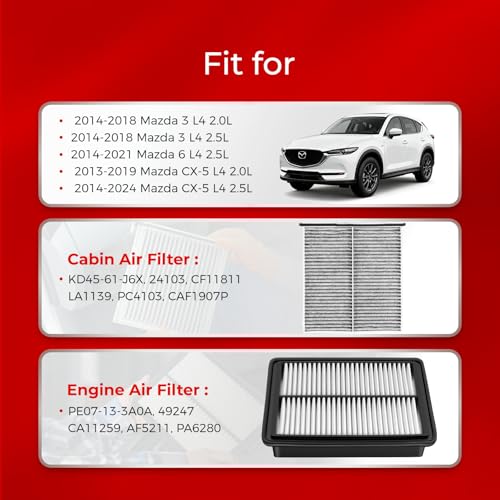 Image of Engine & Cabin Air Filter Kit Compatible with 2014-2018 Mazda 3, 2014-2021 Mazda 6, 2013-2024 CX-5 | Replace PE07133A0A, KD45-61-J6X | Engine & Cabin Filter Combo
