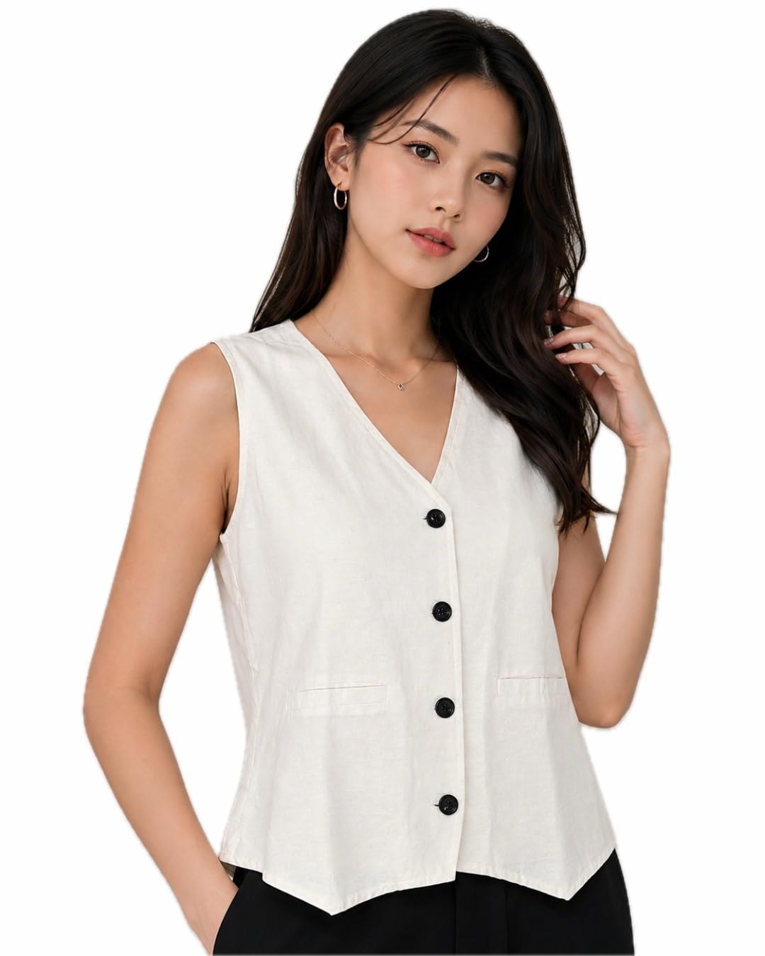 Women's Off White Solid Khadi Cotton Sleeveless Waistcoat Top for Women || V-Neck, Button Closure || Regular Fit || Casual and Office, College, Travel & Everyday Wear-picture-43
