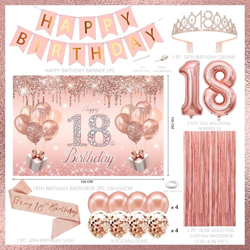 Image of 18th Birthday Decorations for Girls,rose gold happy birthday banner,happy 18th birthday Backdrop, it's my 18th Birthday Sash, Sweet Rhinestone Tiara Crown,18th Balloons, Rose Gold
