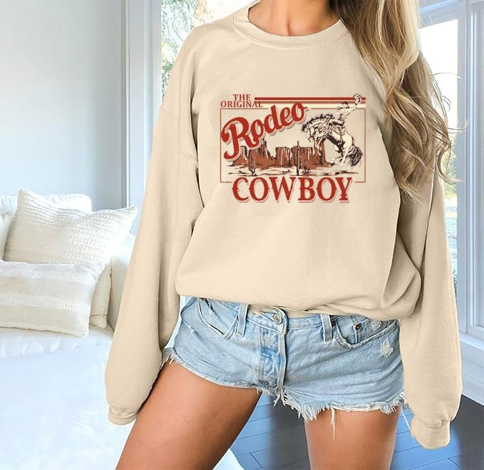 Womens Western Sweatshirt Cowgirl Sweaters Vintage Graphic Country Concert Outfits Long Sleeve Rodeo Shirts Apricot - Image 2