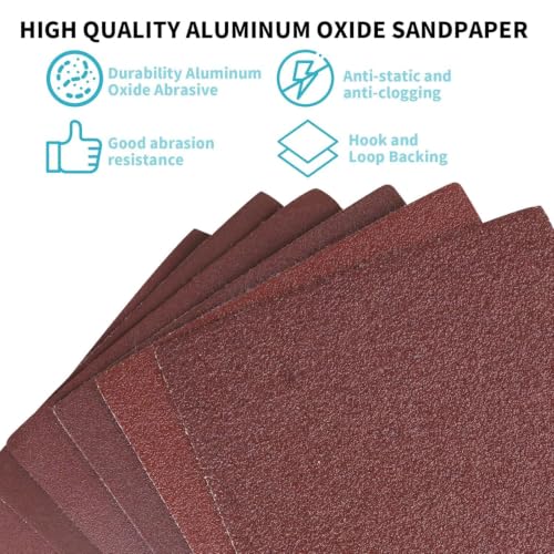 Image of 90 Pack 1 /4 Sheet Sandpaper 4.5 inchx 5.5 inch Hook and Loop Sanding Sheets Aluminum Oxide Palm Sander Sandpaper 60-600 Grit Sanding Blocks for Wood Metal Furniture Polishing (Mixed)