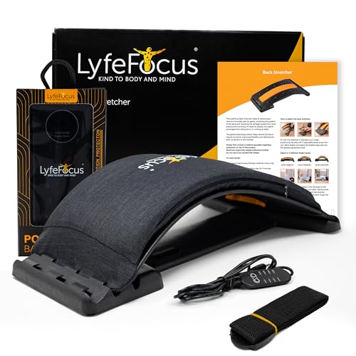 LyfeFocus Back Stretcher with Heated Memory Foam Cover, Heat Control, Chair Strap & Power Bank Included.