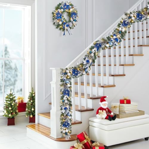 GarveeHome 6ft Christmas Garland with 20 LED Lights, Prelit Xmas Garland for Mantle with Timer Blue Silver Balls, 8 Lighting Modes, for Indoor Outdoor Fireplace Stairs Railing Decorations