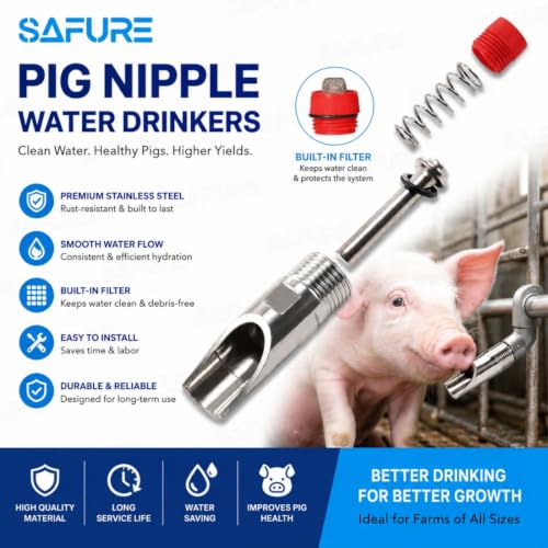 Image of Pig Nipple Water Drinkers - Pack of 20 | Automatic Stainless Steel with Plastic Red Cap Nipples for Piglets | Farm Livestock Watering System