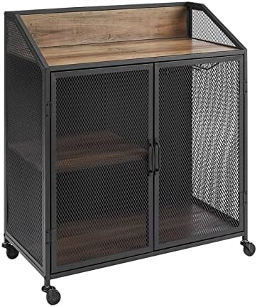Walker Edison Malcomb Urban Industrial Metal Mesh Double Door Rolling Bar Cabinet, 33 Inch, Rustic Oak