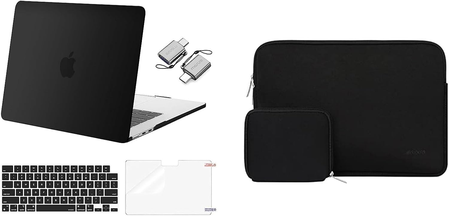 MOSISO Compatible with MacBook Air 15 inch Case 2023 Release A2941 M2, Plastic Hard Case&Neoprene Sleeve Bag with Small Case&Keyboard Skin&Screen Protector&Type C Adapter 2 Pack, Black