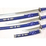 3 Pc Blue Katana Ying Yang symbol Japanese Samurai Sword Set
