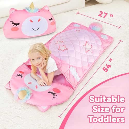 iplay ilearn kid sleeping bag unicorn slumber sack toddler girl nap mat 2 in 1 pink animal cushion blanket happy travel sleepover daycare preschool birthday gift for 3 4 5 6 year old child