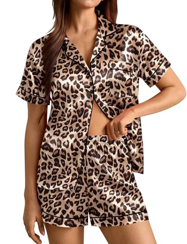 Image of SWOMOG Womens Silk Satin Pajamas Set Short Sleeve Sleepwear Button Down Top and Shorts Loungewear 2 Piece Pjs Set XS-3XL