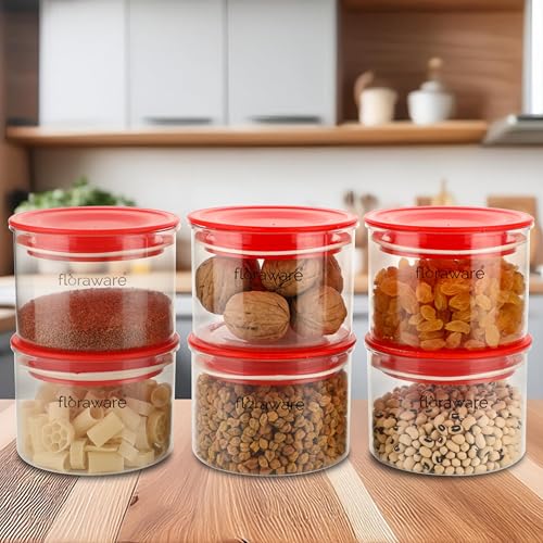 Image of Floraware Plastic Storage Jar and Container Set I Air Tight & BPA Free Containers for Kitchen Storage Set I Grocery Kitchen Container Set I Multipurpose Jar, 600 Ml Each, Set 6, Red