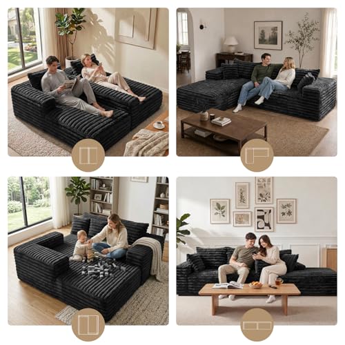 Image of 2 inch Corduroy Boneless Couches for Living Room, L Shape Sofa with Chaise | 102.4 inch Modular Sectional Sofa, Cloud Couch Sectional with Deep Seat, No Assembly, Black, Left Chaise