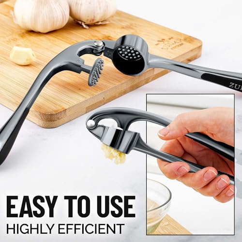 Image of Zulay Kitchen Premium Garlic Press Set - Rust Proof Professional Garlic Mincer Tool - Easy-Squeeze, Easy-Clean with Soft, Ergonomic Handle - Silicone Garlic Peeler & Brush (Slate)