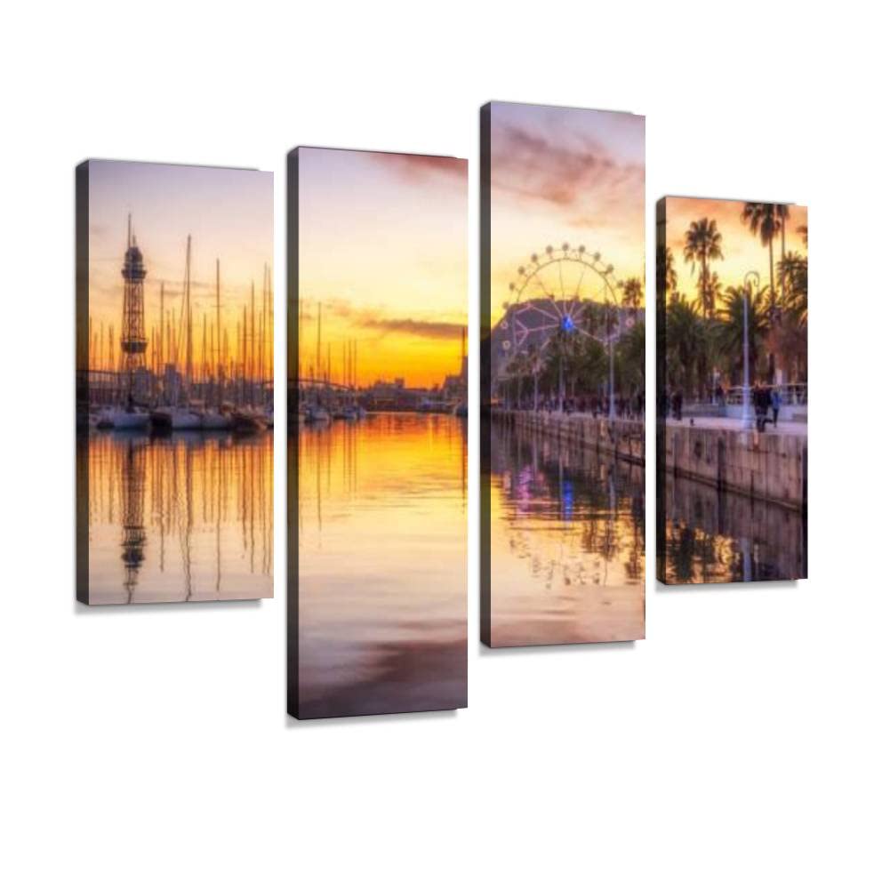 Canvas Print Artwork Port Vell harbor at sunset Catalonia Spain Wall Art Pictures Framed Digital Print Abstract Painting Room Home Office Decor Ready to Hang - 4 Panel