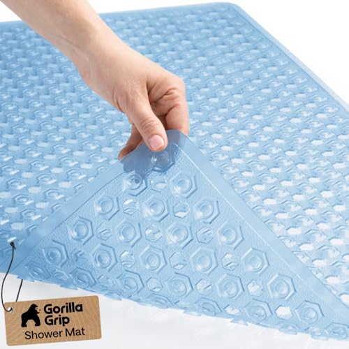 GORILLA GRIP Patented Bath Tub Shower Mat, Machine Washable Bathtub Floor Liner Mats, Suction Cups and Drain Holes to Keep Tubs Clean, Soft on Feet, Bathroom Essentials, 35x16 Inch, Clear Blue