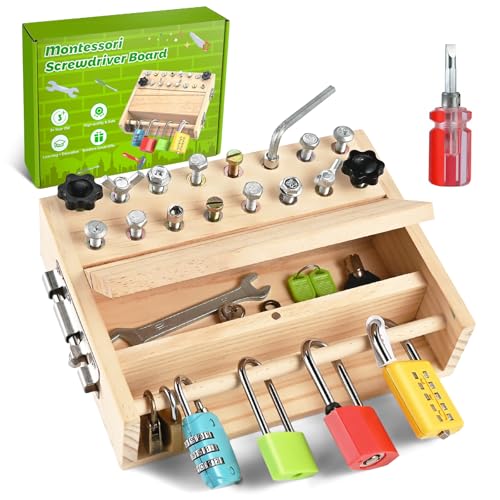 WoodTrove Montessori Screwdriver Board Set Montessori Toys for 3 4 5 with 6 Locks and Keys Toddler Screwdriver Toy Kids Tool Set Preschool Learning Sensory Toy Fine Motor Skills Toys