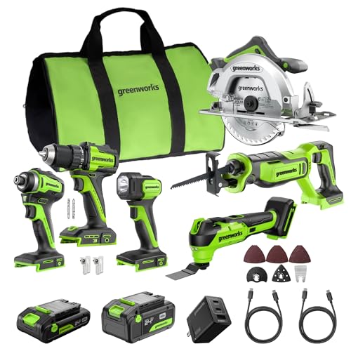 Image of GREENWORKS 24V (6-Tool) Combo (Drill, Impact Driver, Circular Saw, Reciprocating Saw, Multi-Tool, Flashlight), 4.0Ah + 2.0Ah (24,000mAh Power Bank) Batteries, (2) Cables, 65W Rapid Charger