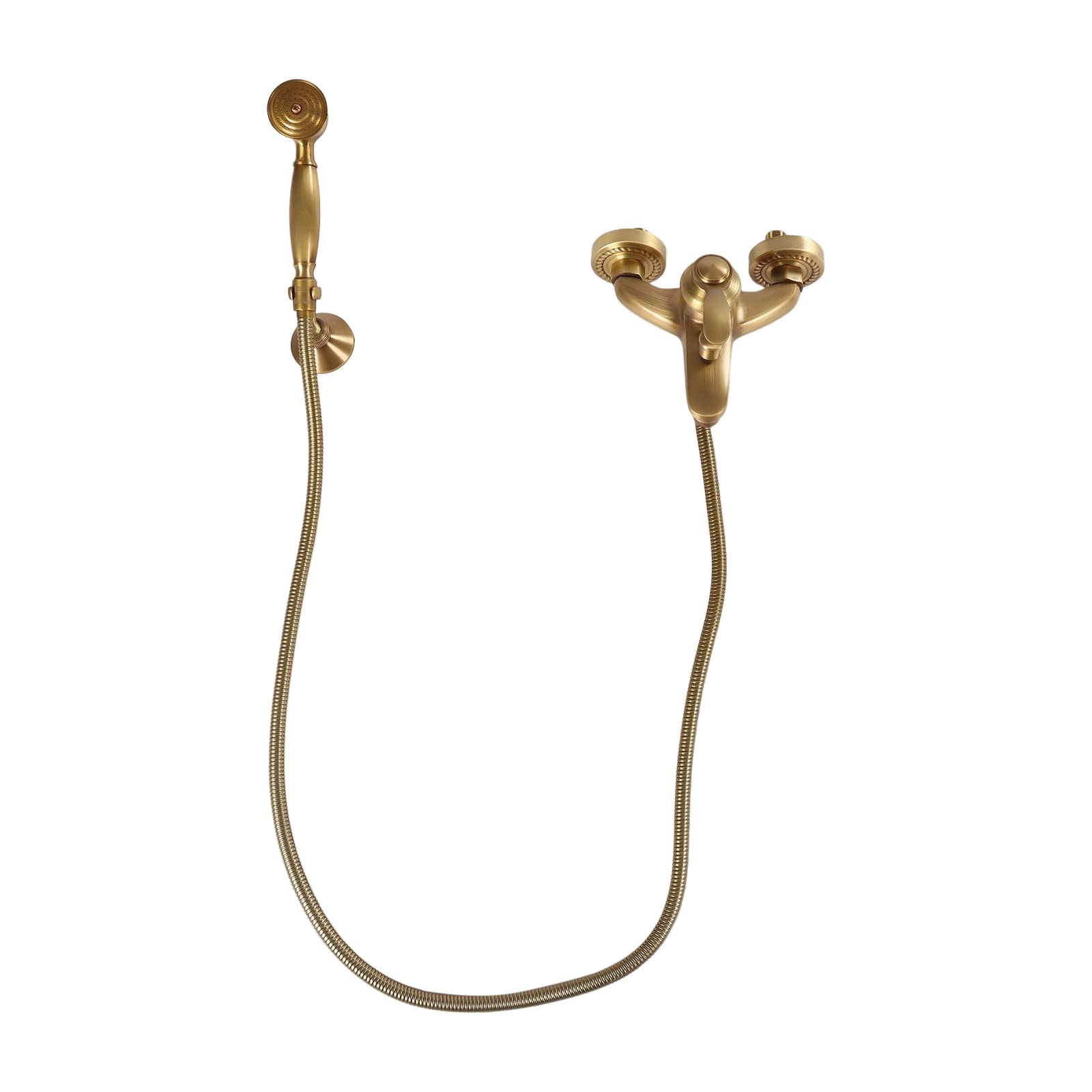 Badewanne Mischer Hahn Retro Kupfer Wand Armatur Set mit Spritzpistole und Federschlauch, Gold Vintage Wannenarmatur für Badezimmer, Dusche und Badewanne, 180° drehbarer Auslass