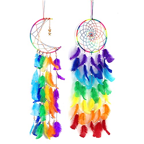 DUGYIRS 2 Stück Traumfänger Handgemachte Häkelarbeit Farbe Feder Dream ​Catchers Wandkunst Dekorationen für Home Ornament Mädchen Festival Geschenke