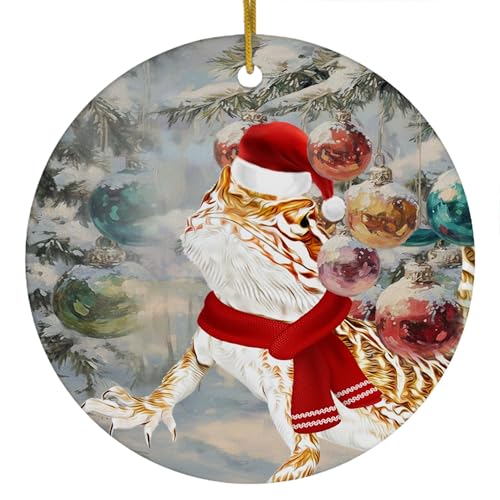 Funny Pogona Central Inland Bearded Dragon Ornament Circle Ceramic Christmas Balls Peeking Vintage Watercolor Winter Scene Xmas Tree Hanging Decor Gifts for Beardie Lizard Lovers