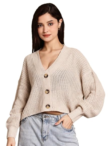 nobarr Women's Beige Knitted Acrylic Button-Down Cardigan-picture-20