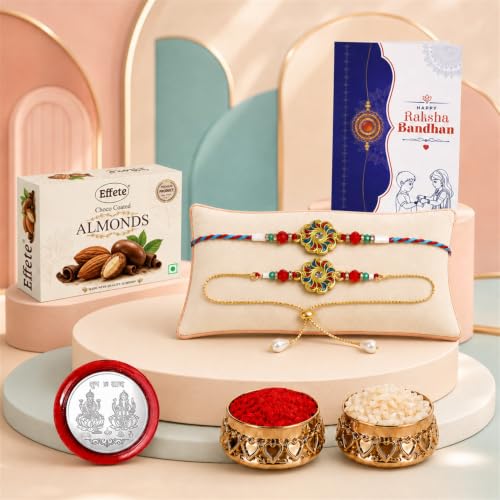 Image of DeoDap Rakhi with Chocolate for Bhai & Bhabhi - Stylish Rakhi for Bhai & Lumba for Bhabhi with Almond Chocolate, Silver Color Coin, Tilak Set & Greeting Card, Raksha Bandhan Combo Pack (K1 X51 CA32)