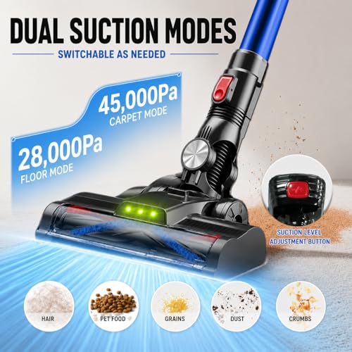 Image of Cordless Vacuum Cleaner, 45Kpa Lightweight Stick Vacuum with Powerful Suction, 45Mins Runtime, Detachable Battery, Anti-Tangle Rechargeable Vacuum for Carpets, Pet Hair, Hardwood Floors