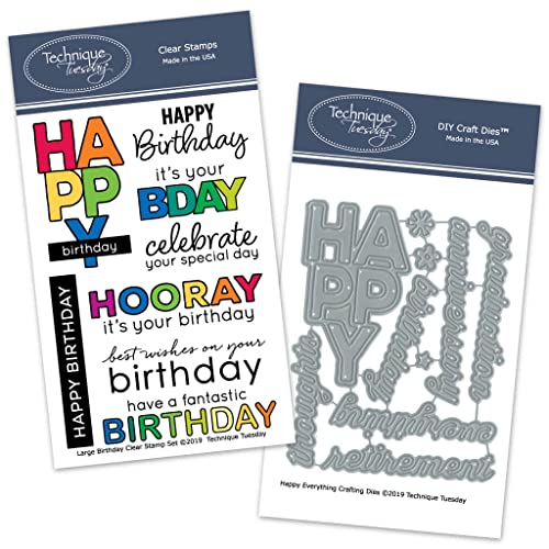 Large Happy Birthday Stamp Set and Happy Everything Crafting Dies Bundle| Photopolymer Stamps | Clear Rubber Stamps | Matching Metal Dies | Die Cuts | Craft Dies | Cutting Dies