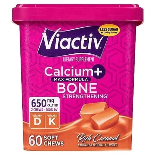 Viactiv Calcium +Vitamin D3 Supplement Soft Chews, Caramel, 60 Chews - Calcium Dietary Supplement for Bone Health