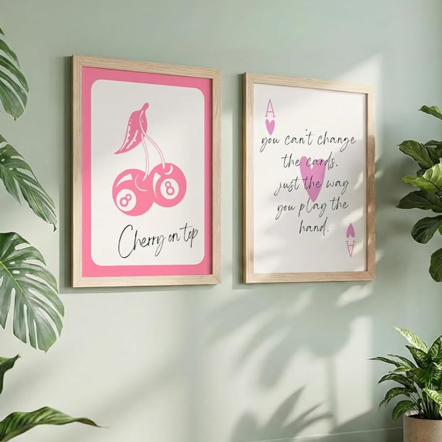 Image of NoWorries Pink Playing Cards Wall Painting Set | Cherry on Top and Ace Quote Art Prints | Aesthetic Card Theme Wall Decor | Premium 300 GSM Paper Print with Synthetic Wooden Frame | Modern Decor for Bedroom & Living Room (Set of 2) (NATURAL, ART-4, 13X19INCHES)