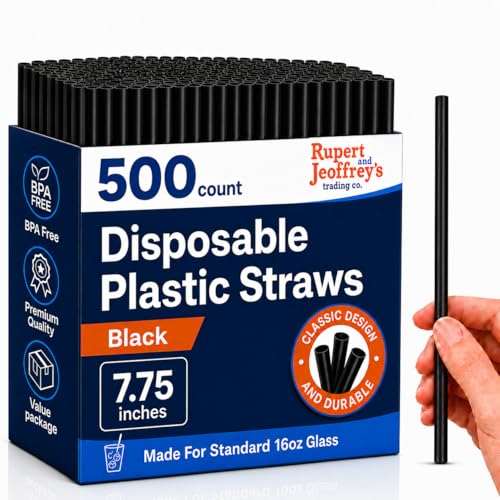7.75' Plastic Straws (500 Count), Disposable Straws - Made For Standard 16oz Glass (Black)
