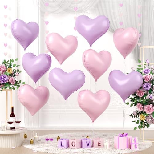 Paready 20 Inch Pink Purple Heart Balloons, 10 Pcs Baby Pink Purple Heart Shaped Foil Balloons, Pastel Helium Balloon for Valentine Bridal Shower Anniversary Wedding Birthday Party Decorations