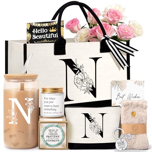 Monogrammed tote bag with initial glass cup gift set