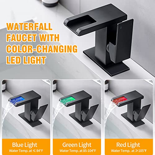 Besy Led Solid Brass Waterfall Black Bathroom Faucet, Single Hole Bathroom Sink Faucet, 3 Colors Light Changing Single Handle Vanity Faucets With Supply Lines, Rv One Hole Faucet, Matte Black #TOP1