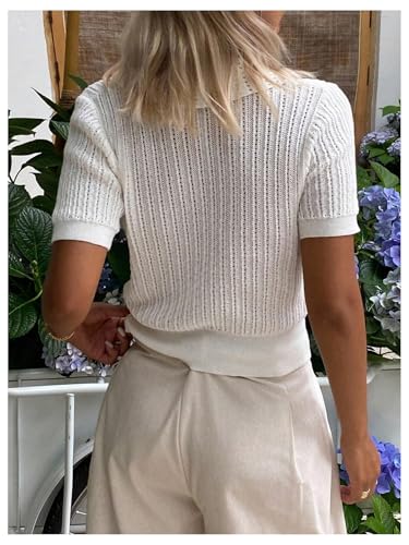 SweatyRocks Women's Short Sleeve Sweaters Tops Hollow Out Lapel V Neck Knit Casual Pullovers2